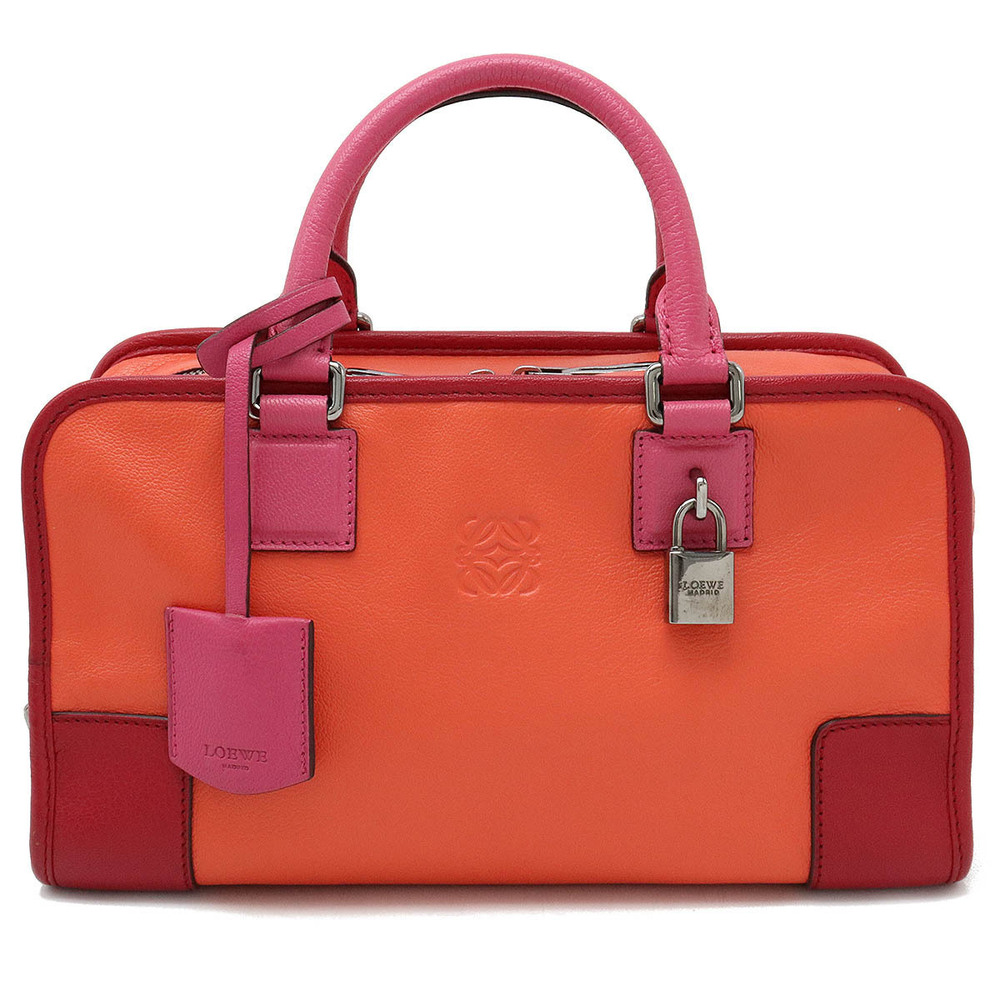 Loewe Amazona Tricolor Handbag Boston Leather Salmon Pink Red Pink
